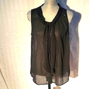 A New Day Button Down Sheer Black & Metallic Gold Sleeveless Blouse, Size: L